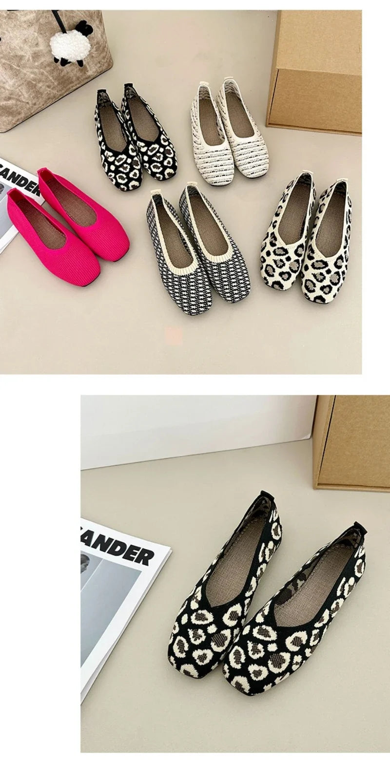 Leopard Color Square Toe Knitted Loafers Women Leisure Flat Shoes Soft Bottom Shallow Ballet Flats Casual Slip on Boat Shoes