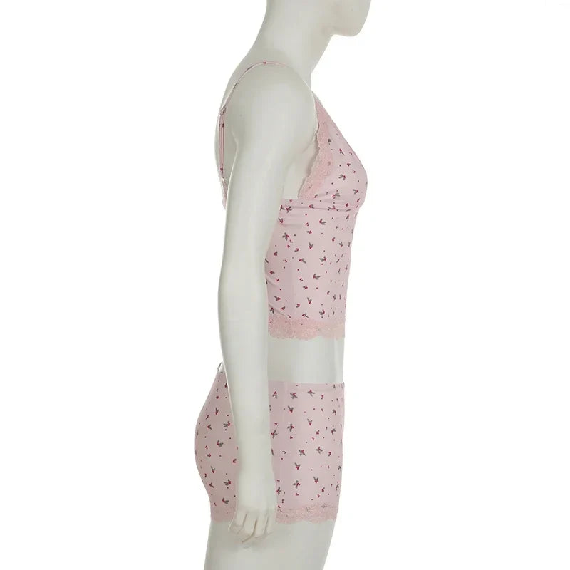 Cute Pink Floral Lace Patchwork Two-piece Pajamas Set for Women Sleepwear Sleeveless Camisoles and Slim Shorts Loungewear