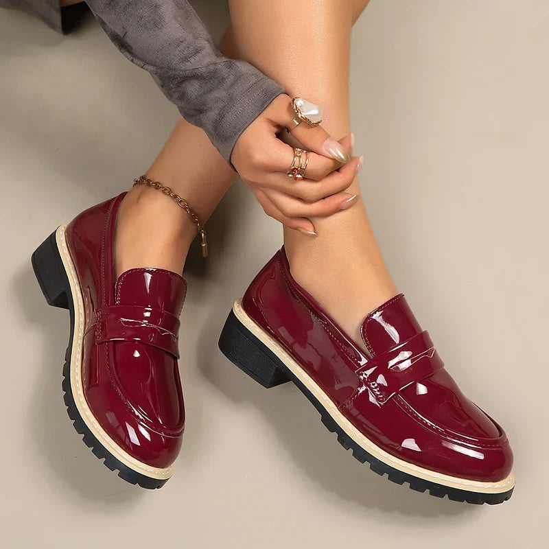 Patent Leather Thick Heels Loafers Women Spring New Mixed Color Med Heel Office Pumps Woman Plus Size 43 Slip On Single Shoes