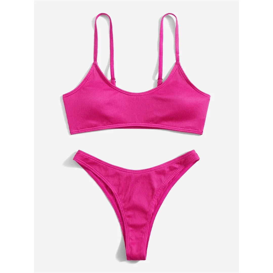 Ribbed High Leg Cut Bikini Female Swimsuit Women Swimwear Two-Pieces Bikini Set Brazilian Padded Bather Bathing Suit Swim V7126