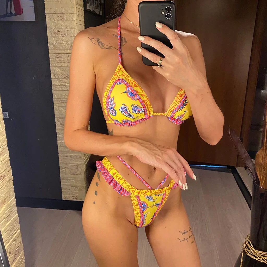 5 Colors Sexy Printed Halter Frilled Bikini Women Swimwear Female Swimsuit Two-Pieces Bikini Set Bather Bathing Suit Swim V4651