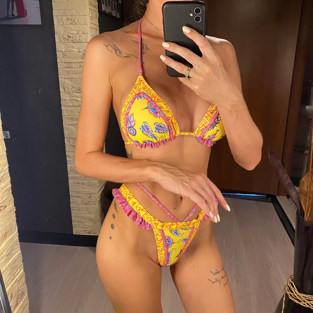 5 Colors Sexy Printed Halter Frilled Bikini Women Swimwear Female Swimsuit Two-Pieces Bikini Set Bather Bathing Suit Swim V4651