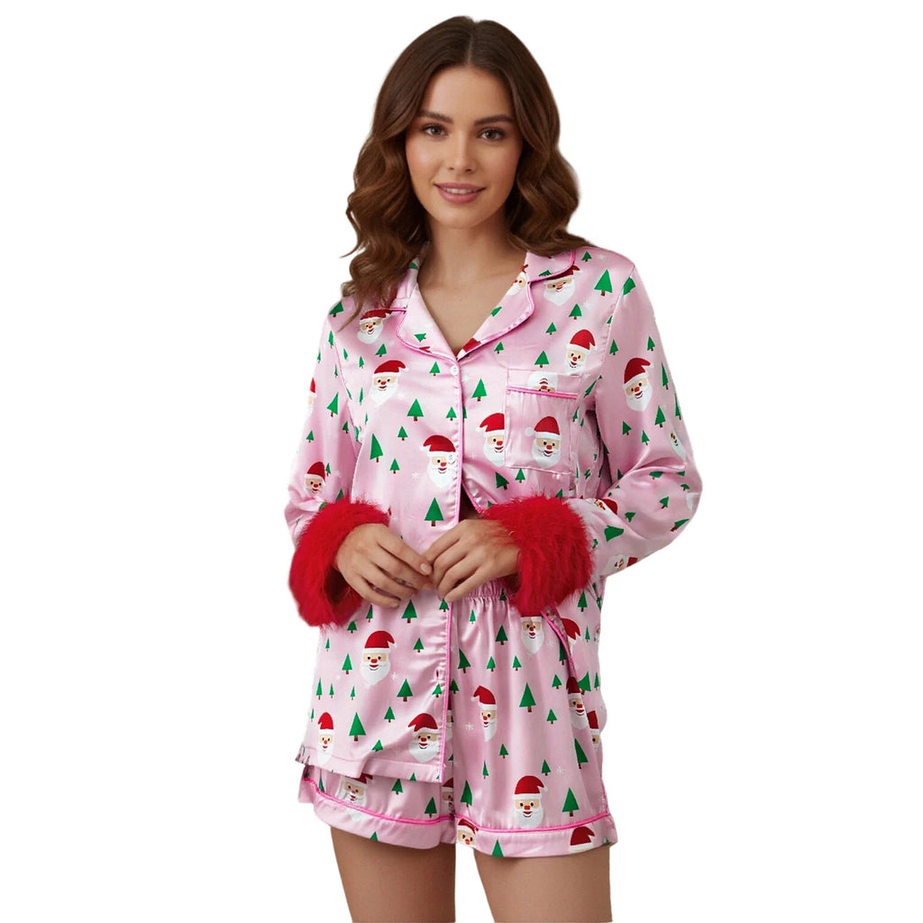 Women Two Pieces Christmas Pajama Set Santa Claus Print Long Sleeve Shirt with Shorts Fall Sleepwear Loungewear