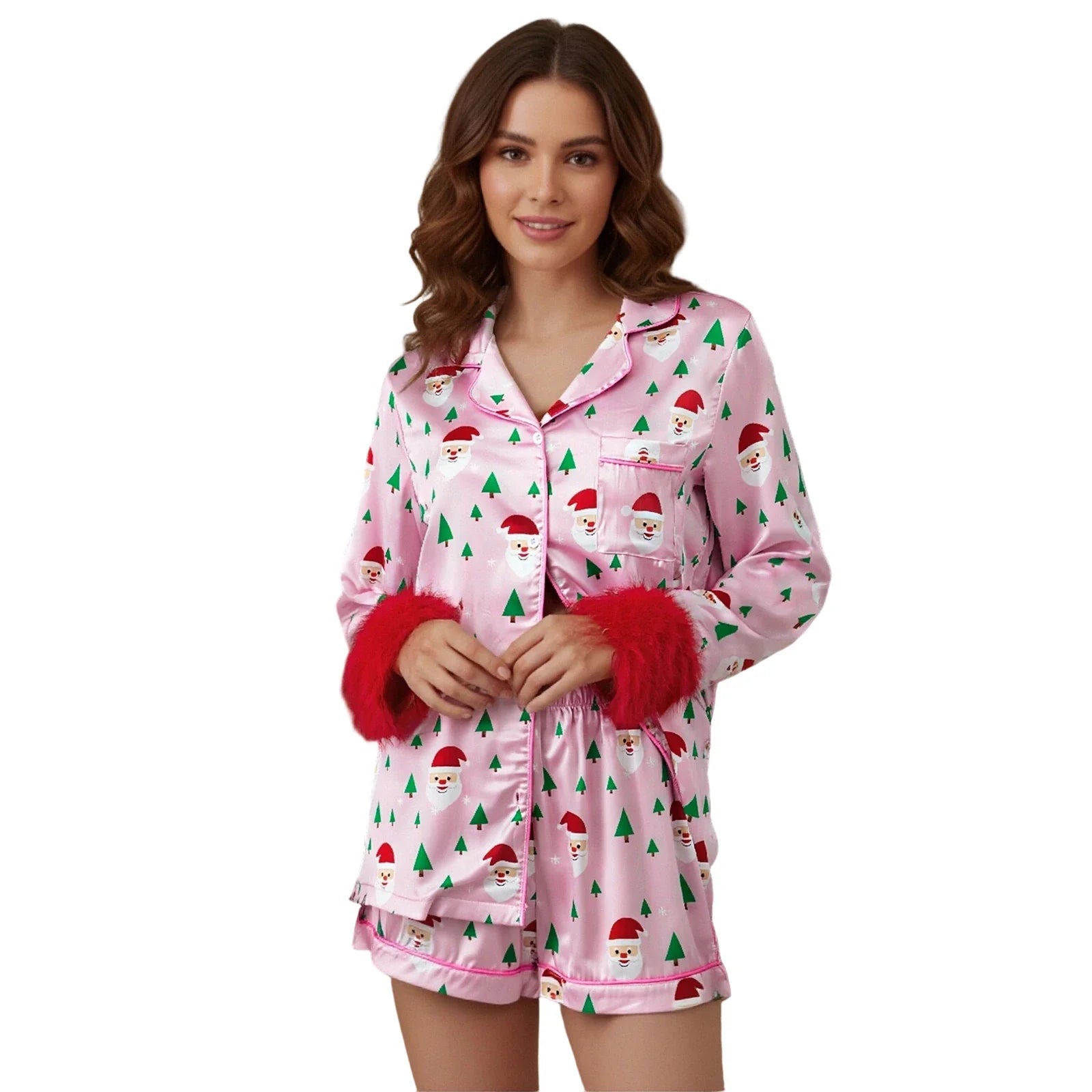 Women Two Pieces Christmas Pajama Set Santa Claus Print Long Sleeve Shirt with Shorts Fall Sleepwear Loungewear