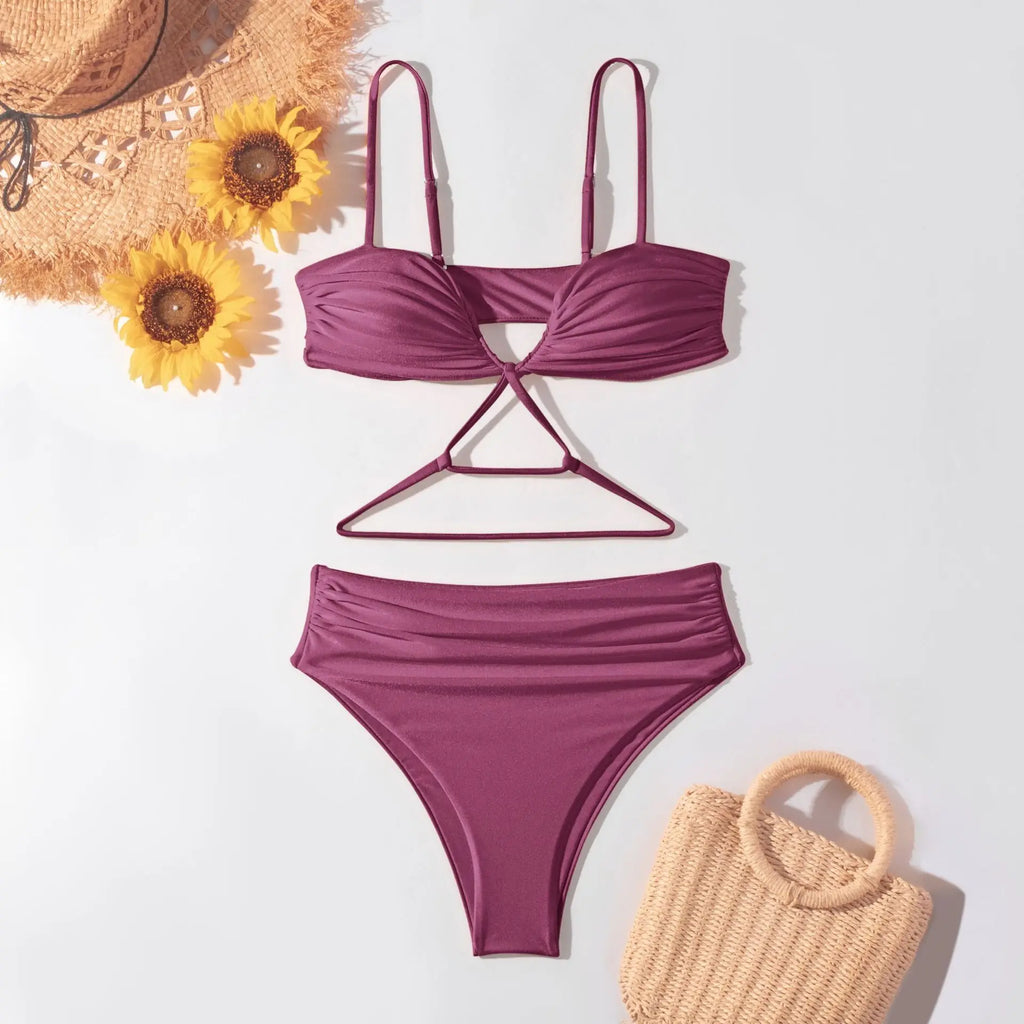 V Neck Wrinkled Stain Bikinis Female Swimsuit High Waist Bikini Women Swimwear Two-pieces Bikini Set Bather Bathing Suit Swim