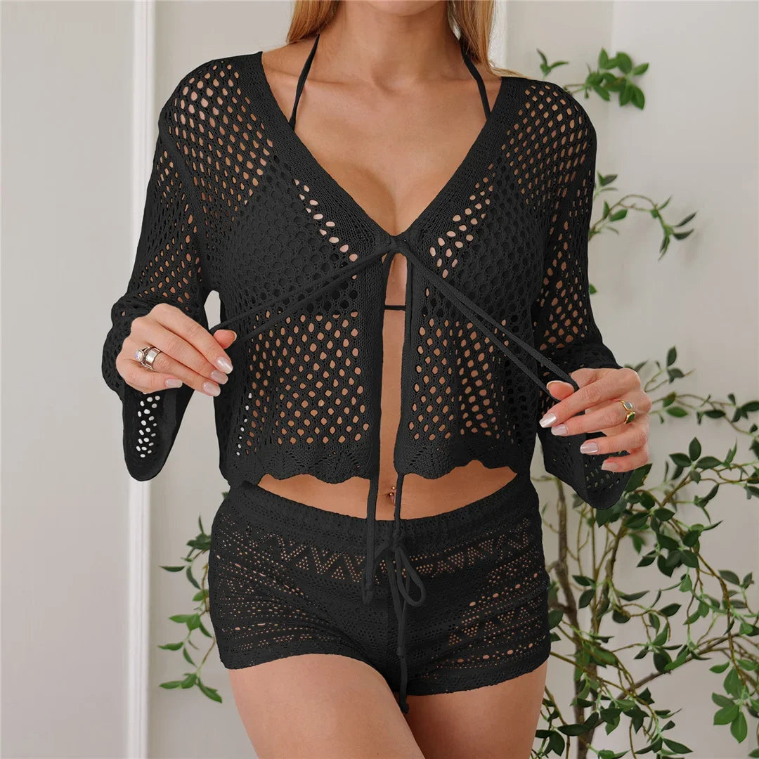 V Neck Long Sleeve Hollow Out Crochet Knitted Tunic Beach Dress Beach Wear Beachwear Beach Cover Up Cover-upsFemale Women V7192