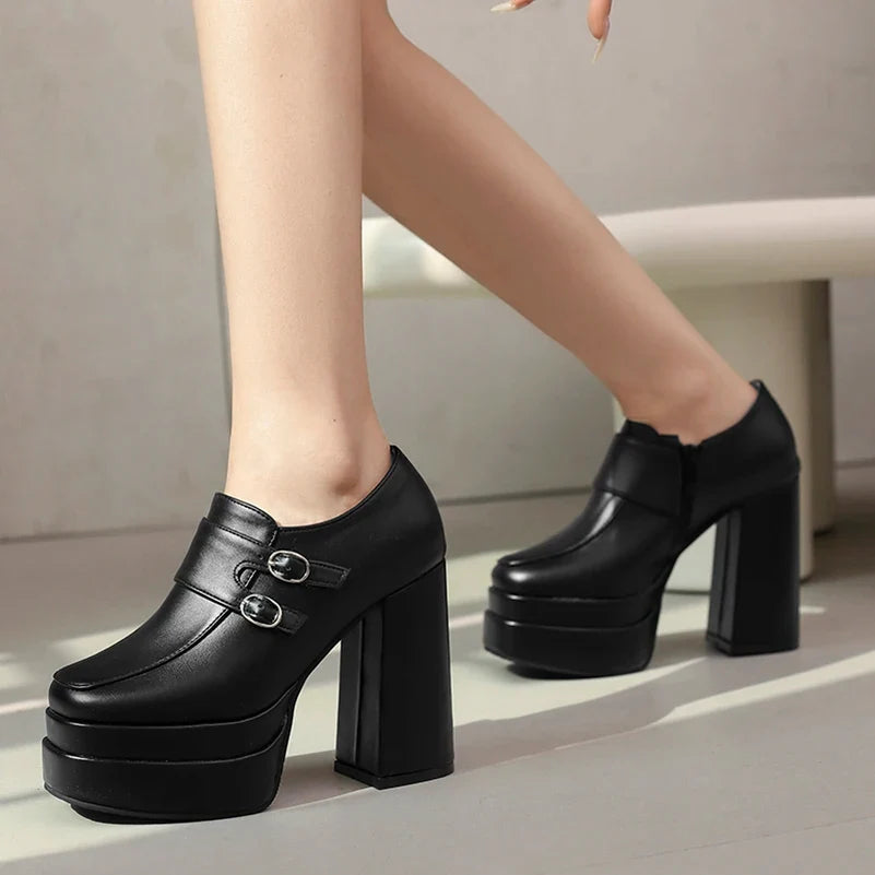 Plus Size Double Row Small Buckle Side Zipper Square Toe Double Layer Platform High Thick Heel Women's Pumps Shallow High Heels