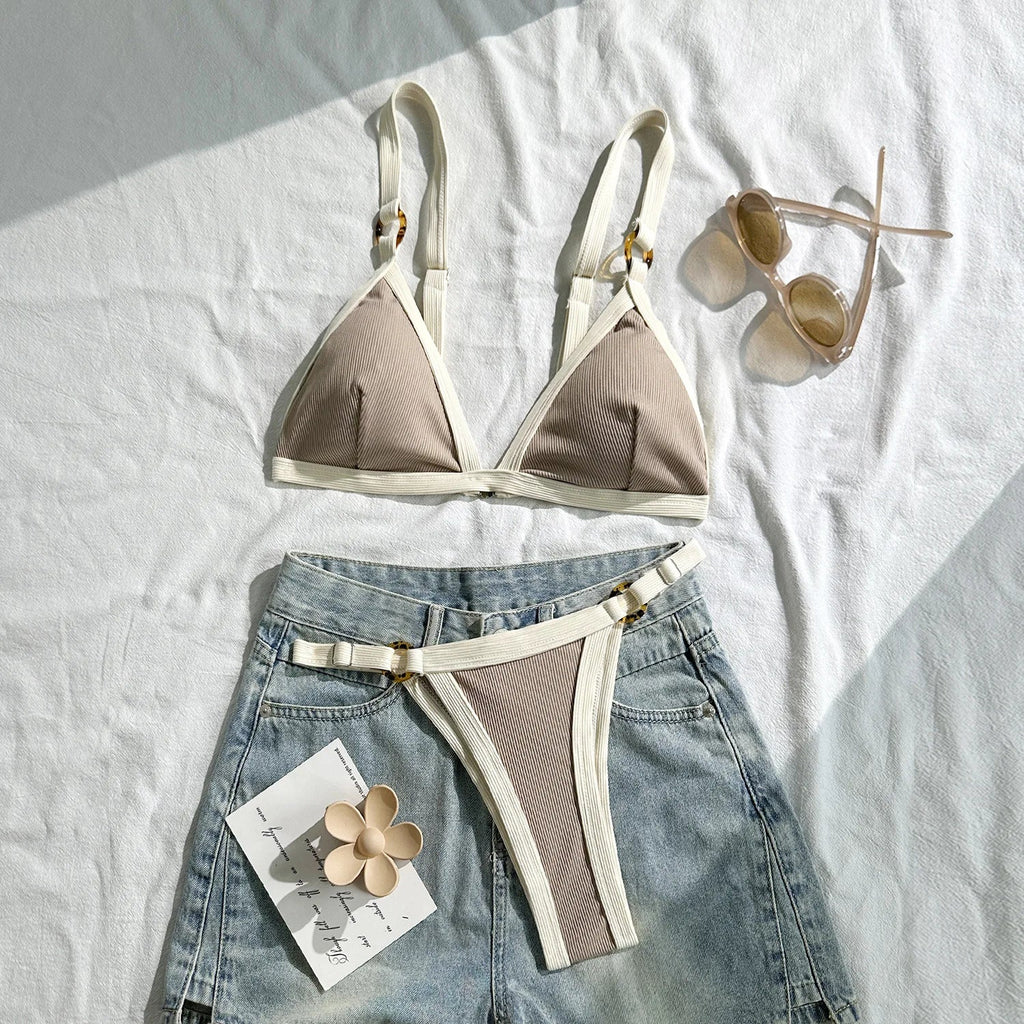 Splicing Ribbed High Cut Ring Mini Micro Bikini Women Swimwear Female Swimsuit Two-pieces Bikini Set Bathing Suit Swim Beachwear