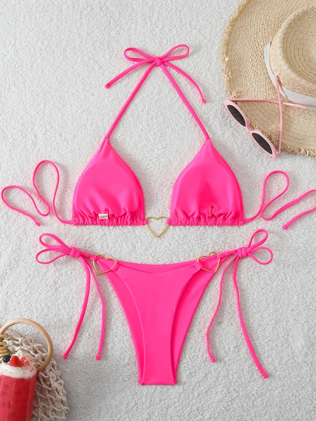 Triangle Halter String Thong Bikinis 2026 Women Sexy Swimsuit Solid Heart Swimwear Female Bathers Bathing Swimming Swim Suit