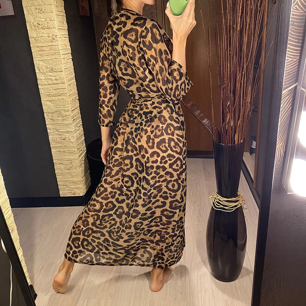 New Sexy Leopard Printed Beach Cover Up Chiffon Cover-ups Swimwear Beach Wear Summer Beachwear Female Women Long Dress V3219