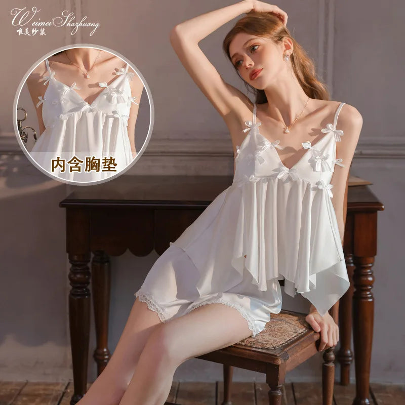 Elegant Strap Padded Sexy Loungewear Set Camisole And Shorts Two-piece Set Bowknot Pajamas For Women Summer Style Charming BE8K