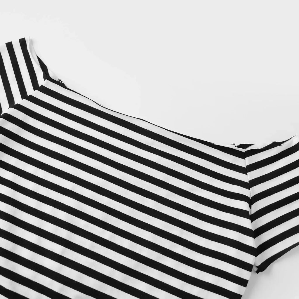 Women's Summer Off Shoulder Tops Short Sleeve Stripes Print T-Shirts Fashion Basic Crop Tops