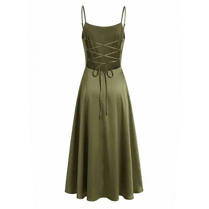 Australian Women's Back-cross-strap Hollow-out Camisole Dress With Chest Pleats Slim-fit Waist And Long Skirt Pure Desire ZJBL