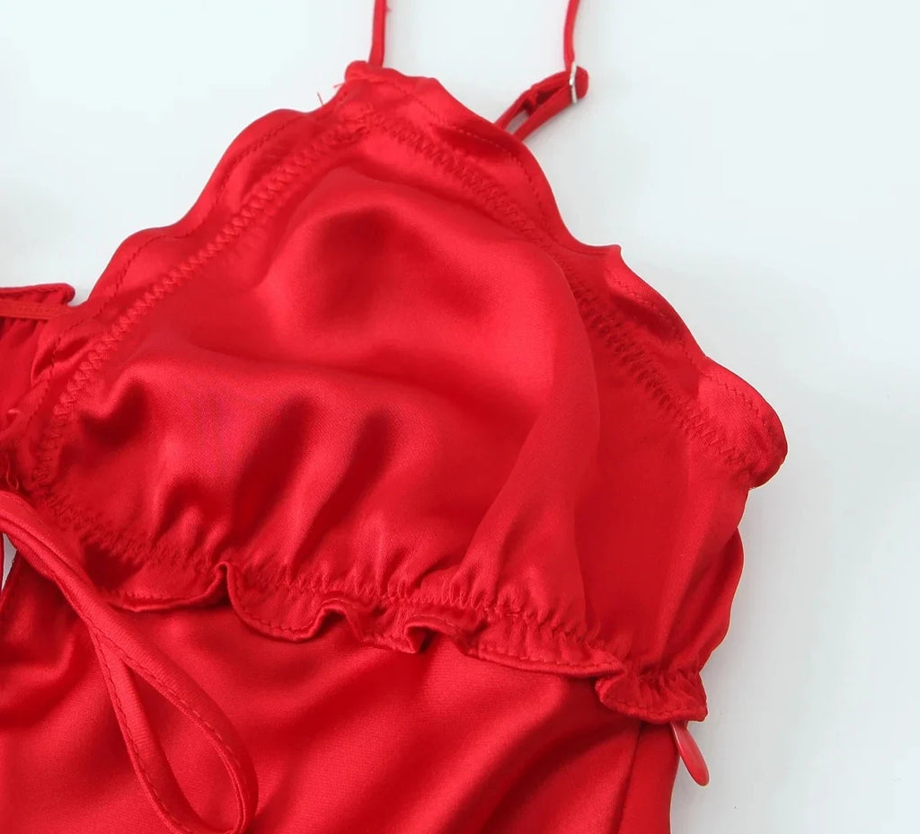 Foridol Ruffles Tie Up Satin Dress Women Elegant Maxi Long Summer Party Dress Spaghetti Strap Red Sexy Sundress Vestidos 2025