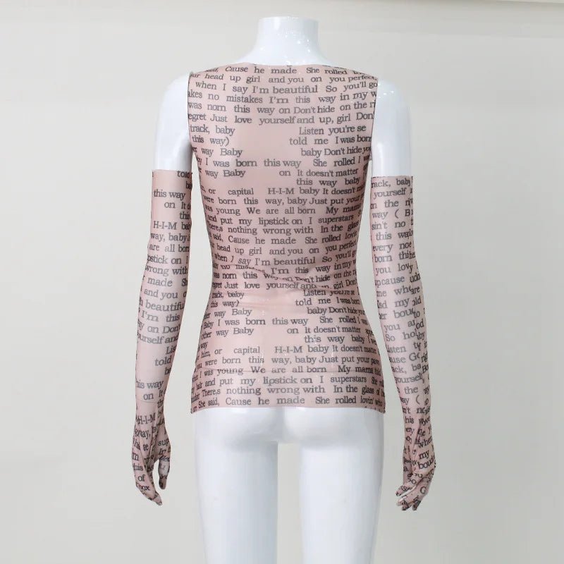 AHAgaga Sexy Tee T-shirt Women 2025 Summer Casual Letter Print Skinny See Through With Gloves Cropped Shirts Women Female Blusas
