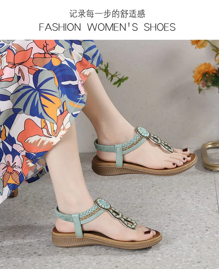 2026 New Shoes for Women Bohemia Crystal Sandals Women Shoes Rhinestone Lady Flip Flops Pearl Slip on Flat Beach Shoes