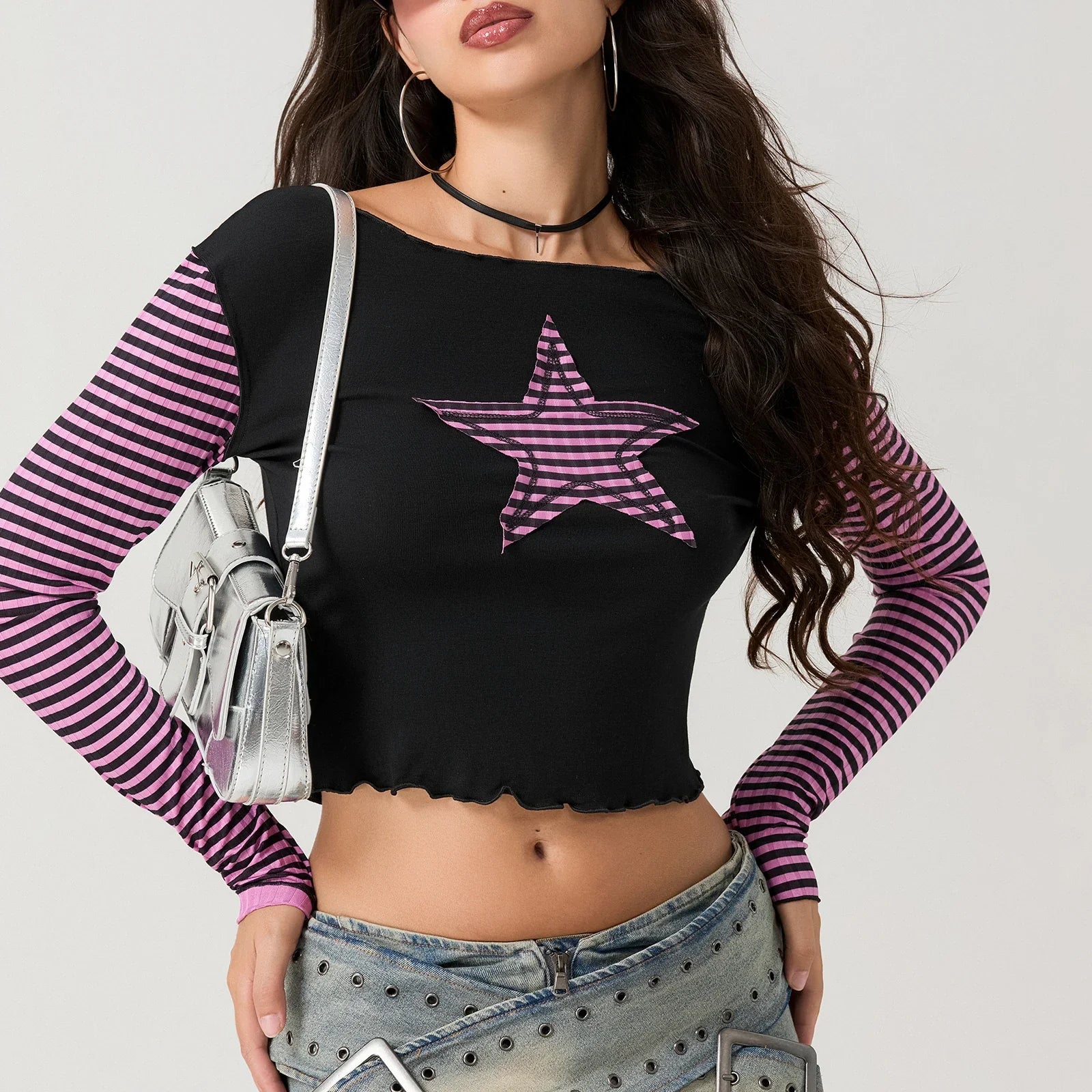 Early Autumn Punk Style Slim Fit T-shirt Women Long Sleeve Crew Neck Star Stripes Patchwork Ladies Tops for Casual Daily