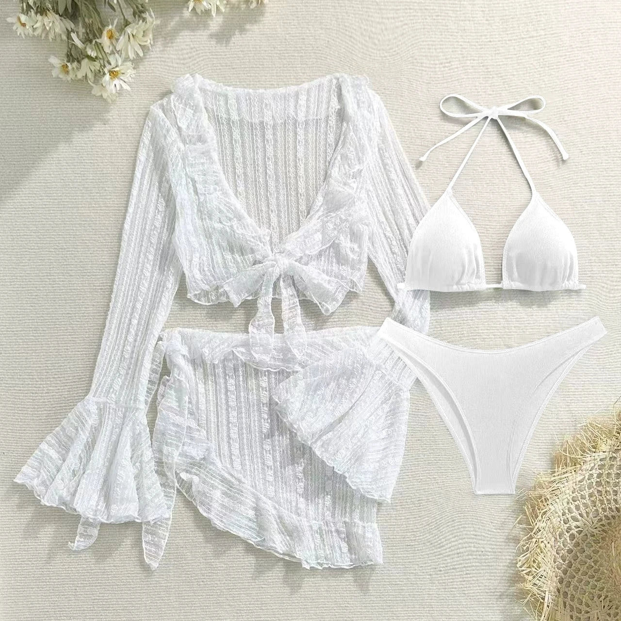 DEKA 4Pcs/Set Mesh Sheath Bikini Set Female Mini Camis Briefs Short Skirt Swimwear Fashion Drawstring Long Sleeve Boho Swimsuit