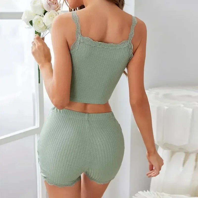 Sexy Underwear Sleepwear Sets 2 pieces Pajamas Button Cropped Lace Tops + High Elastic Waist Skinny Shorts Suits Homewear