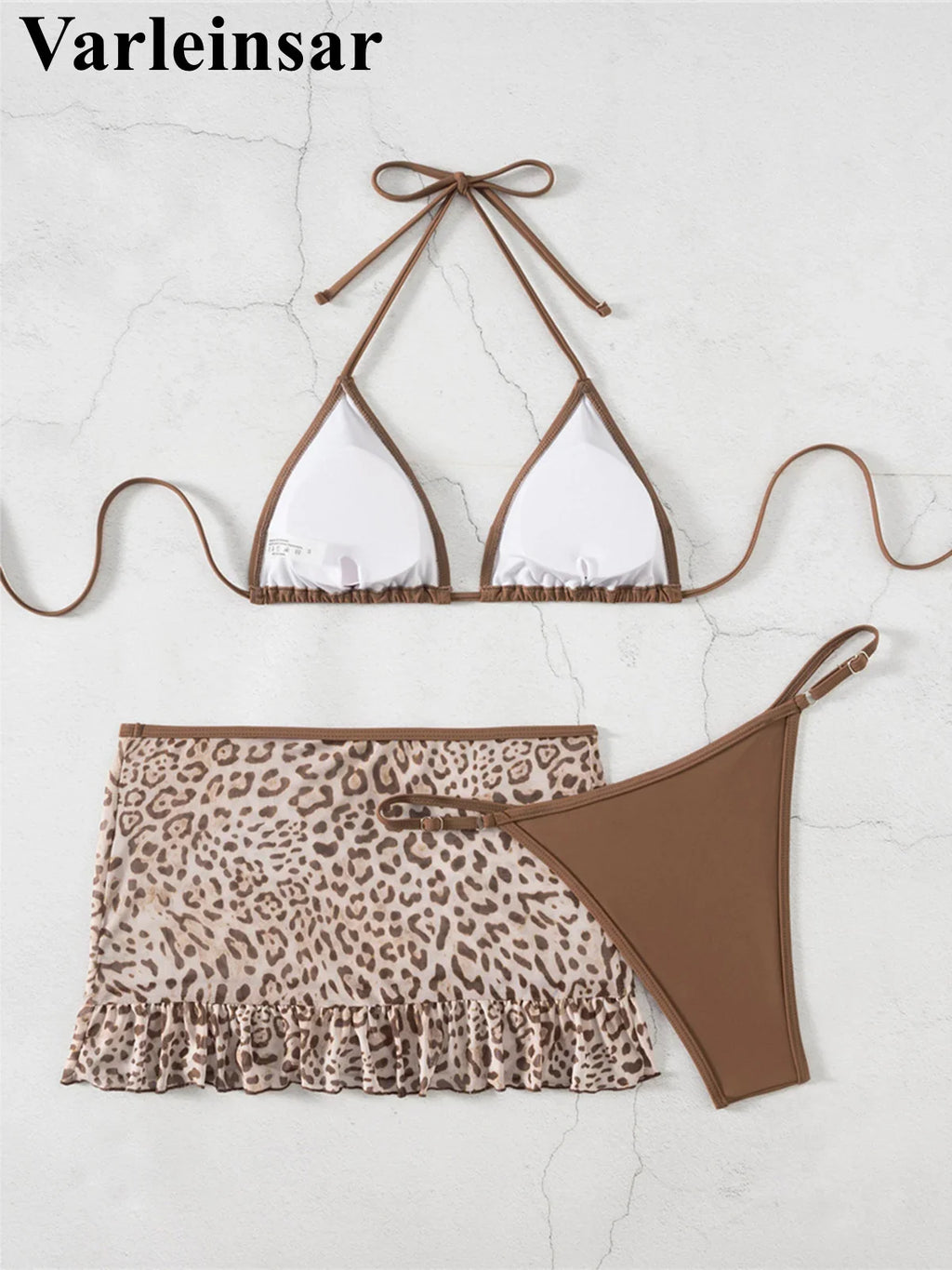 With Leopard Printed Skirt Halter Bikini Female Swimsuit Women Swimwear Three-Pieces Bikini Set Bather Bathing Suit Swim V8325
