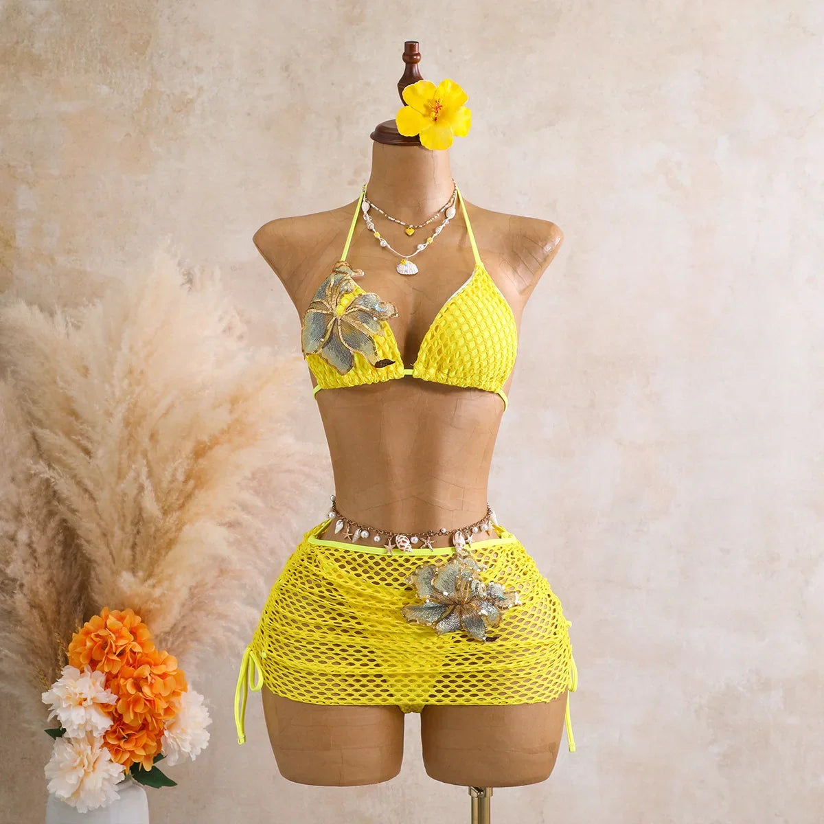 Sexy Black 3D Flower Holiday Bikini Set 2026 Women Drawstring Side Knitted Cover Up 3 Piece Swimsuit Beach Bathing Suit Swimwear