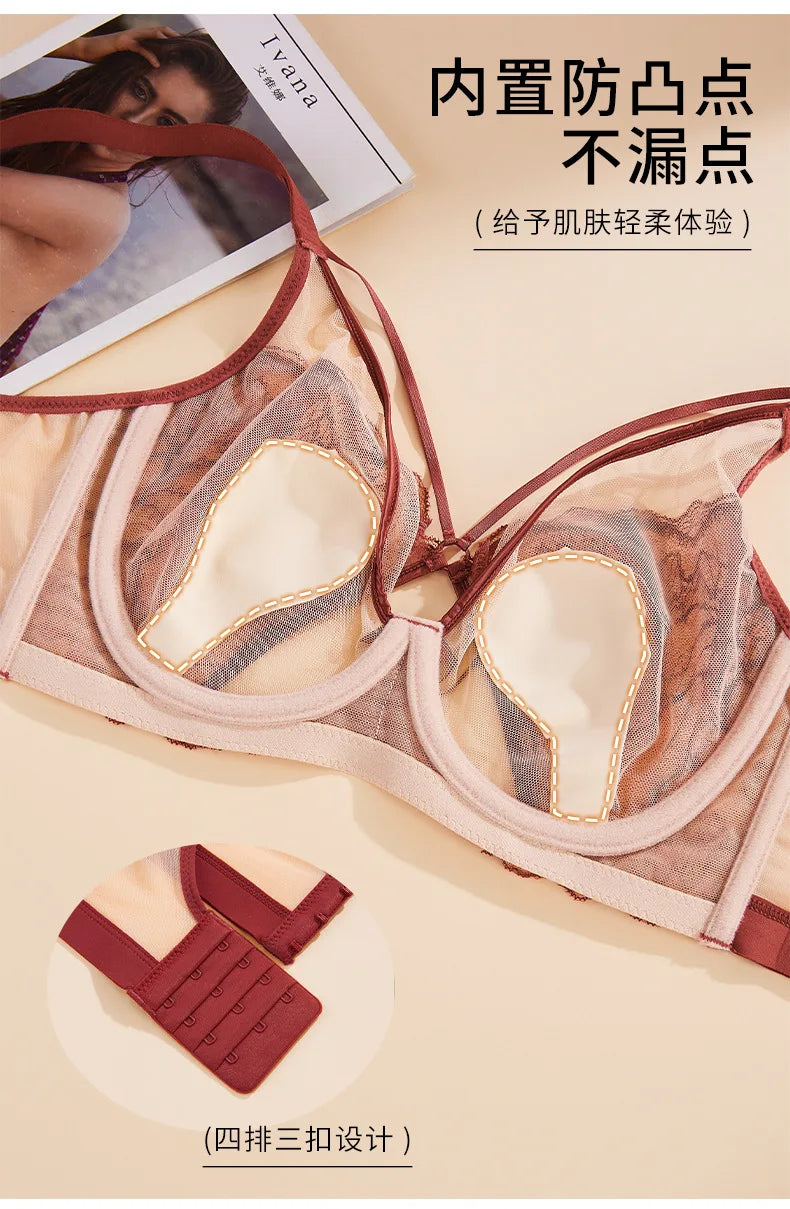 Women's French Pure Desire Lace Lingerie Set - Rabbit Ear Cup Thin Push Up Bra Minimizer for Large Bust
