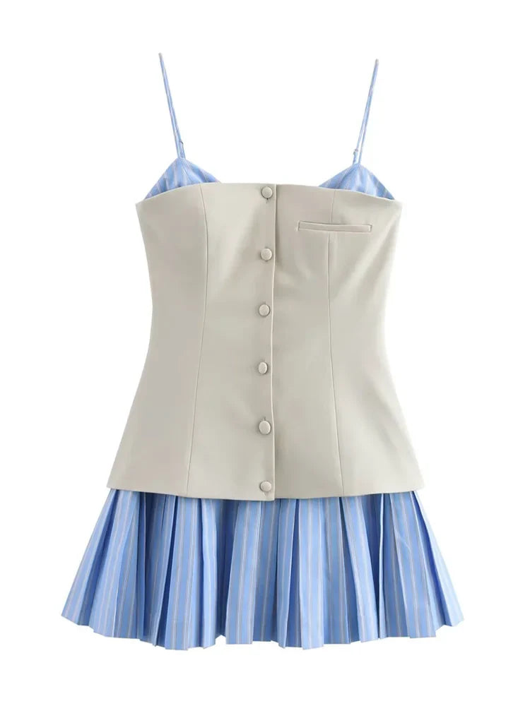Foridol Striped Pleated Short Summer Dress Women Buttons Decor Spaghetti Strap V Neck Bodycon Mini Spring Beach Vestidos New In
