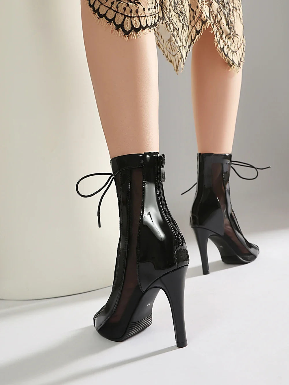 Plus Size Women Patent Leather Mesh Spliced Ankle Boots Back Zipper Peep Toe Lace Up Stiletto High Heels Hollow Out Summer Booti