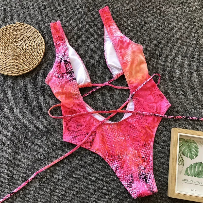 Leopard Deep V Neck Wrap Around High Cut Women Swimwear One Piece Swimsuit Female Monikini Tummy Cut Out Bathing Suit Swim Lady
