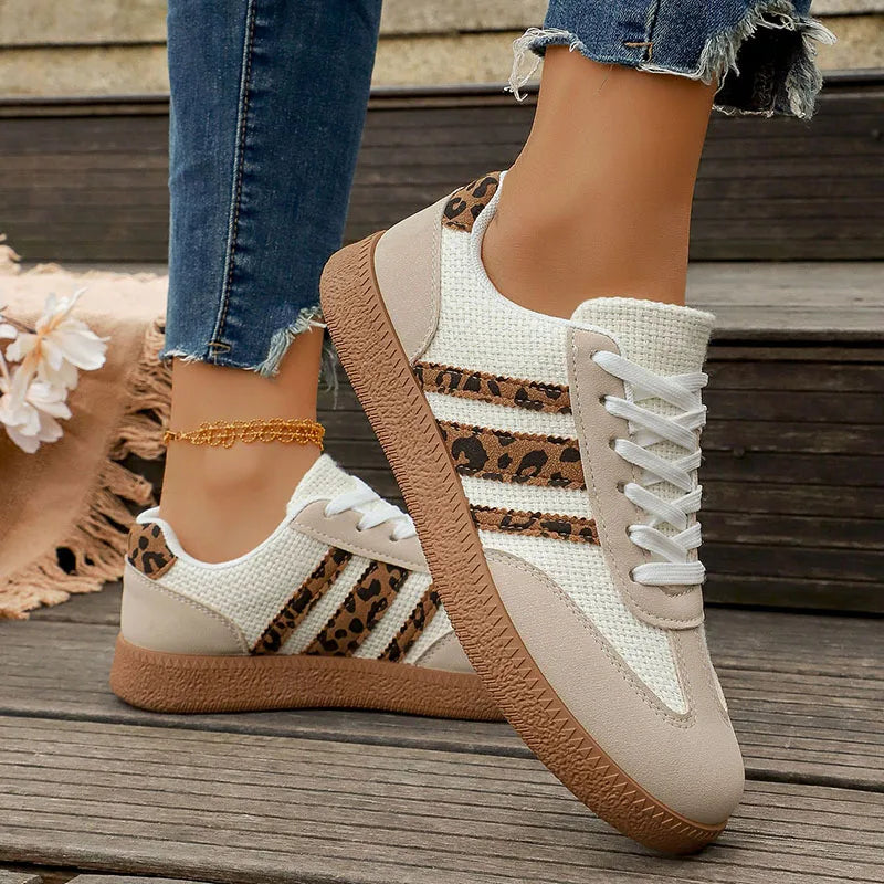 Plus Size 43 Leopard Print Flats Women Fashion Striped Lace Up Platform Sneakers Women Comfy Anti Slip Soft Sole Sport Shoes