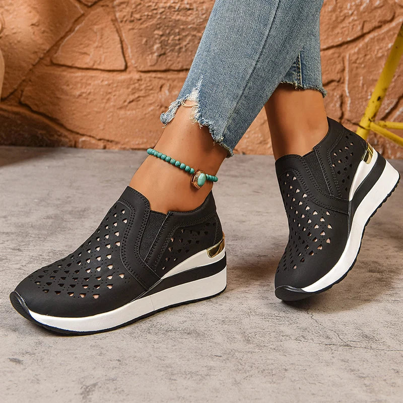 2025 New Hollow Out Wedges Sneakers Women Plus Size Pu Leather Thick Sole Loafers Woman Slip On Breathable Casual Shoes Female