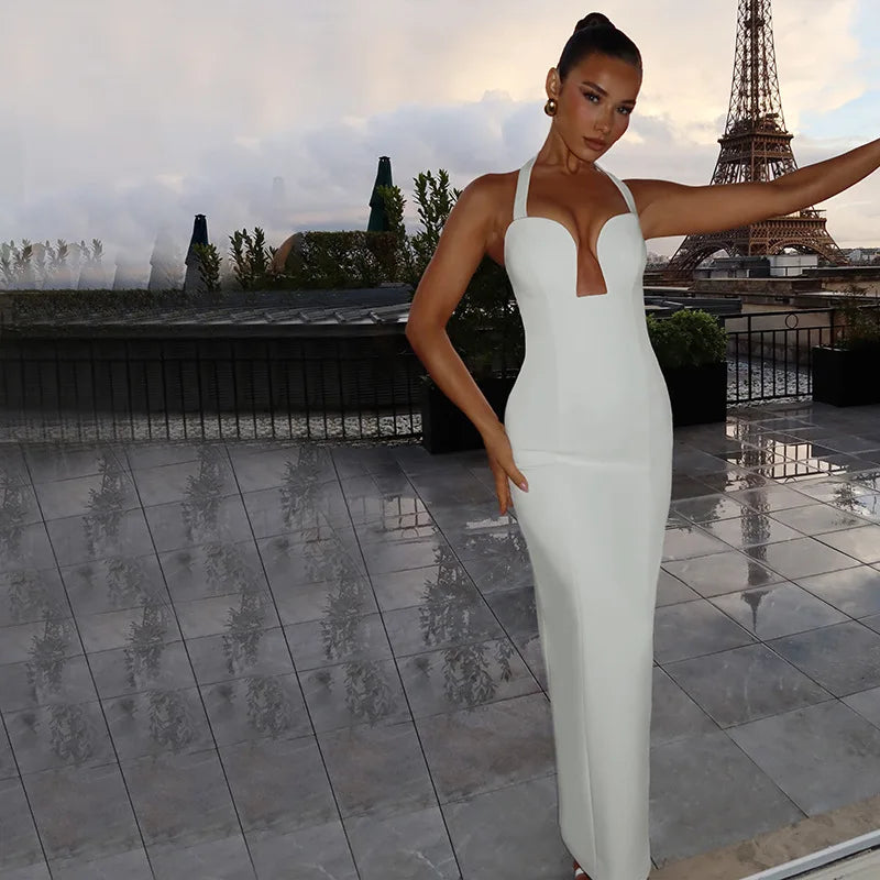 FDYOUI Elegant Chic Halter Hollow Out Bodycon Evening Dress for Women 2026 Summer Backless Sleeveless Long Wedding Party Dresses