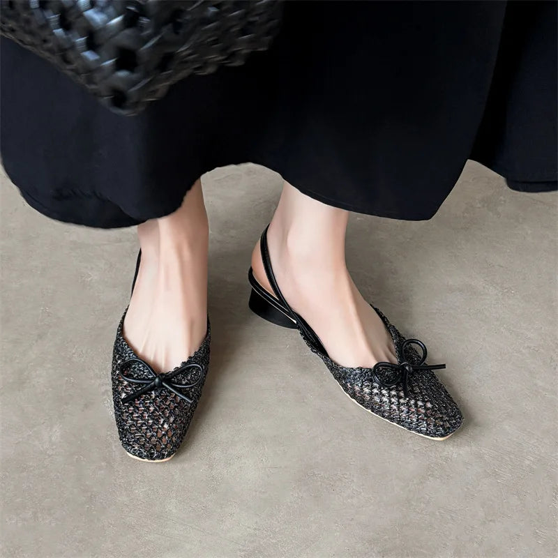 Woven Bow Back Strap Design Sandals Women's Summer New Square Head Shallow Mouth Single Shoe Comfortable Elegant Cool Pumps