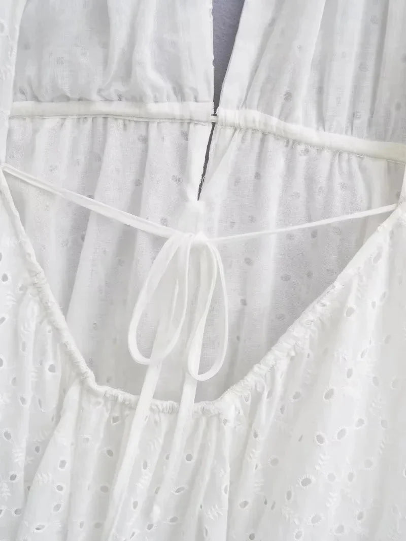 Foridol White Beach Summer Dress Women Backless Cotton Lace Short Autumn Sundress Women Clothing Halter A-line Pleated Dress
