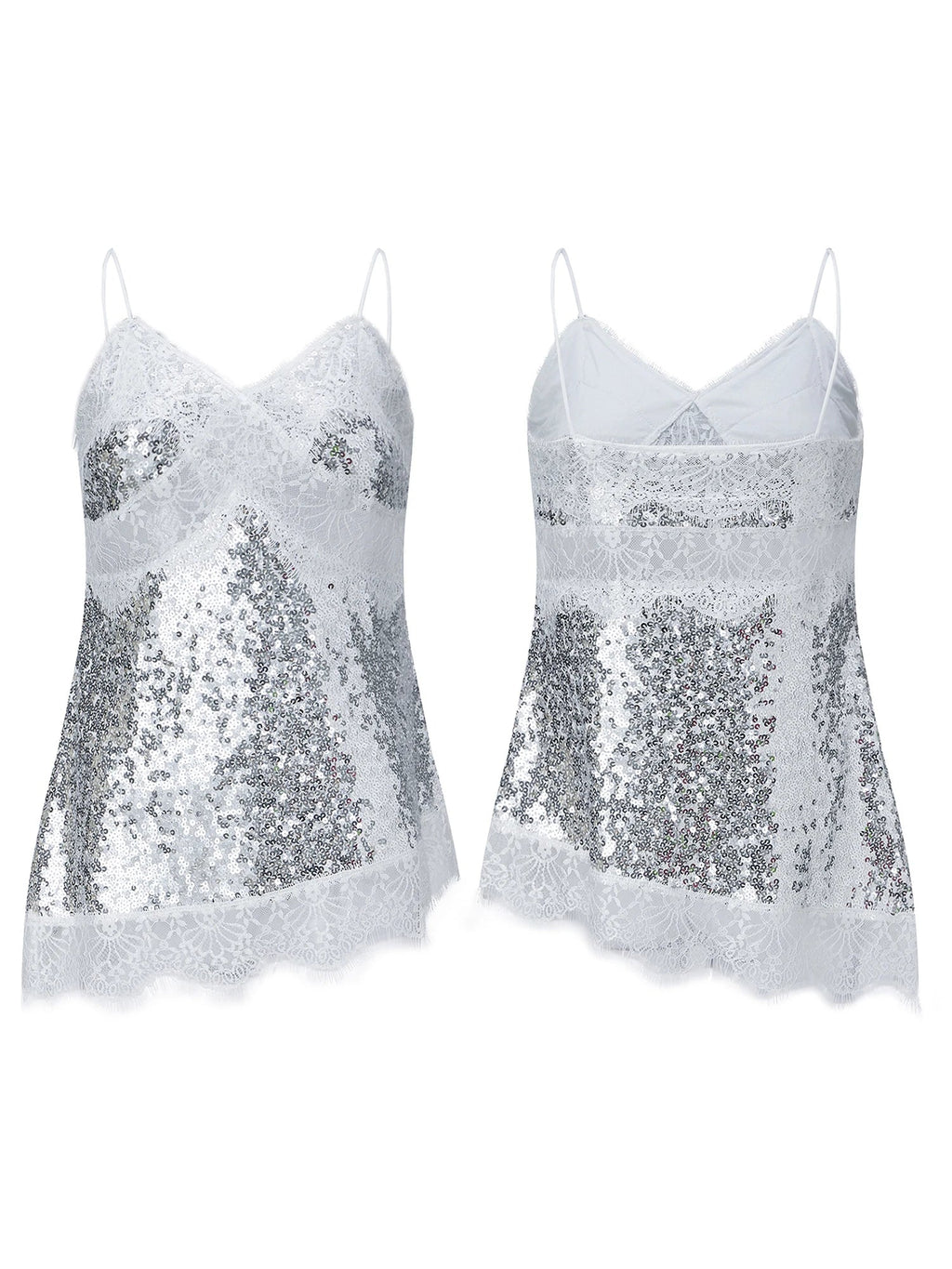 Women Camisoles Solid Color Lace Trim Sequins Spaghetti Strap Tank Tops Summer Fashion Sleeveless Vests Streetwear