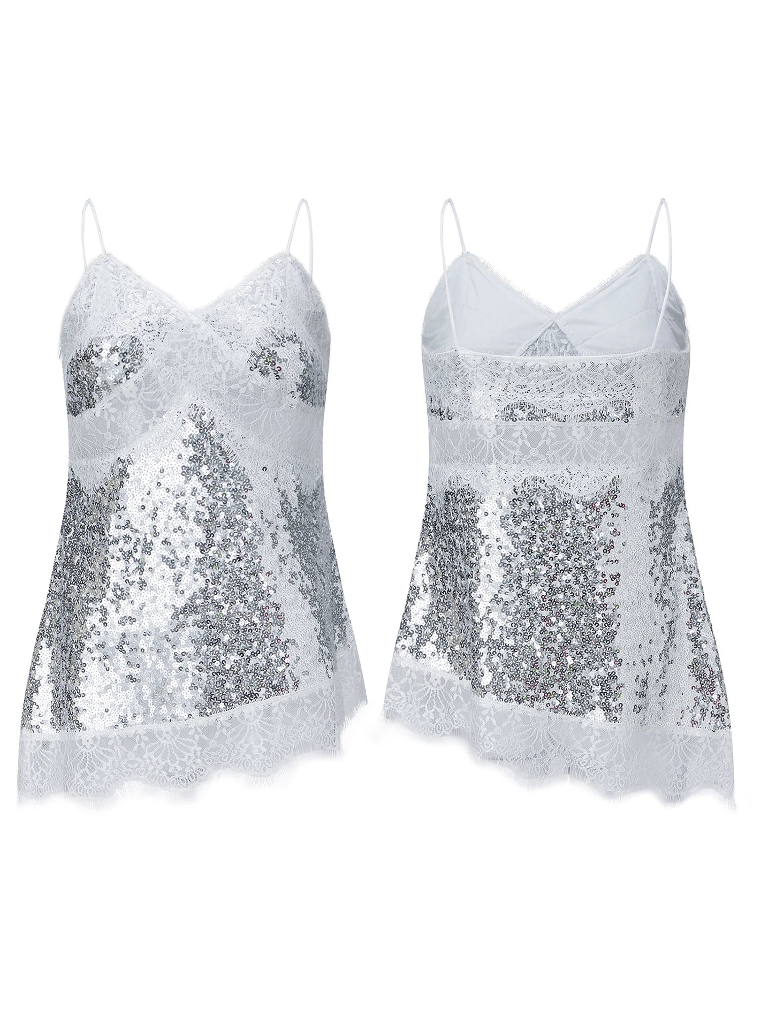 Women Camisoles Solid Color Lace Trim Sequins Spaghetti Strap Tank Tops Summer Fashion Sleeveless Vests Streetwear