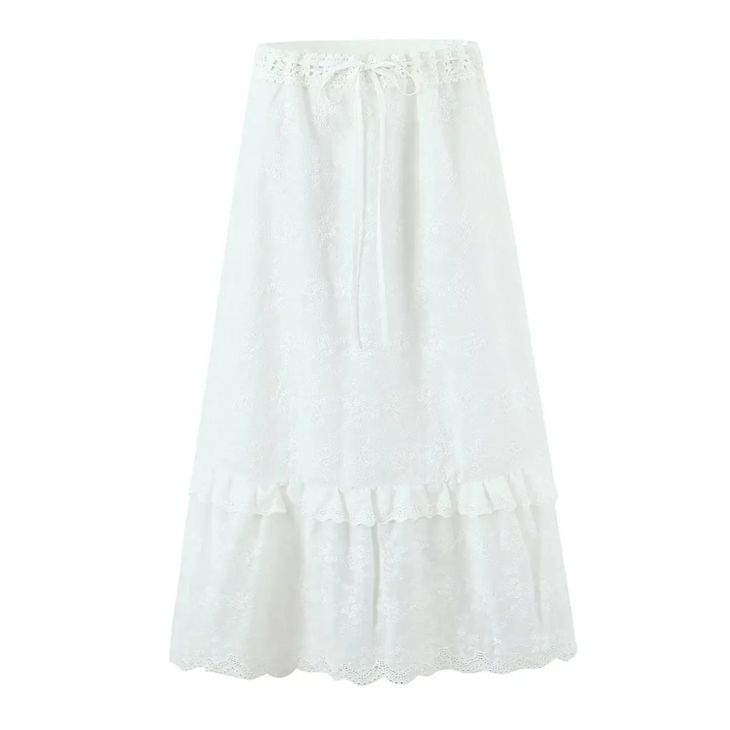 White Cotton Summer Skirt Women Embroidery A-line Long Skirt Spring Lace Up Beach Bobho Skirt Bottoms High Quality Faldas Mujer