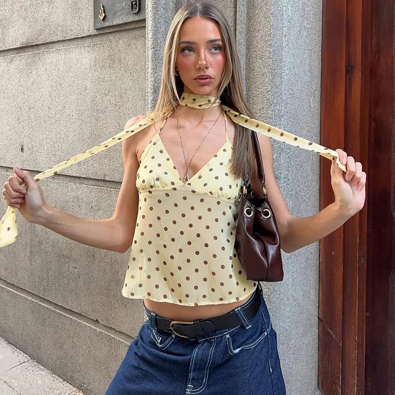 FDYOUI Y2K Bandage Polka Dot Crop Top Women 2026 Summer Sexy Halter Lace-up Camisoles Girls Chic Backless Tanks Tops Streetwear