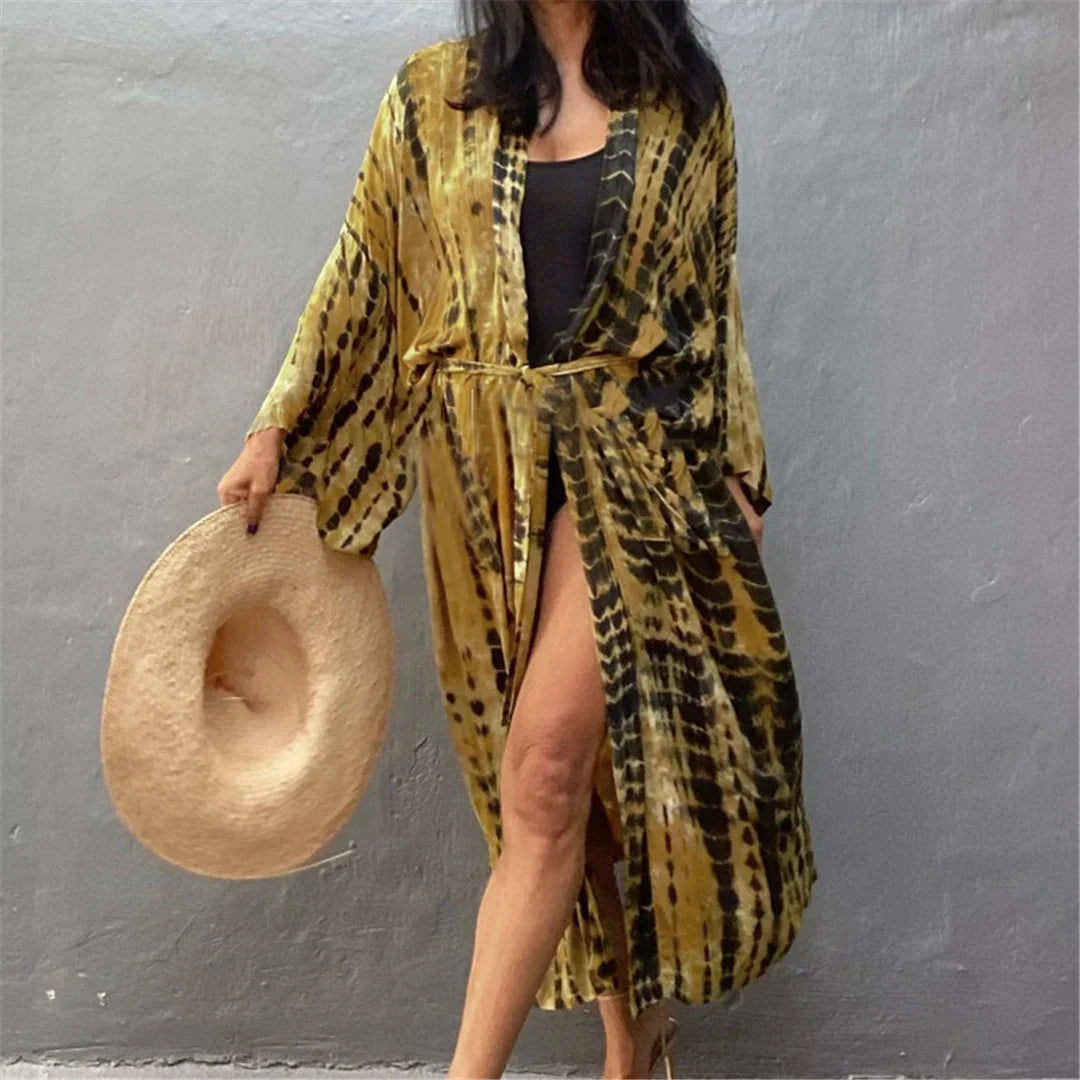 New 10 Colors Printed Long Sleeve With Belt Tunic Beach Cover Up Cover-ups Beach Dress Beach Wear Beachwear Female Women V4521