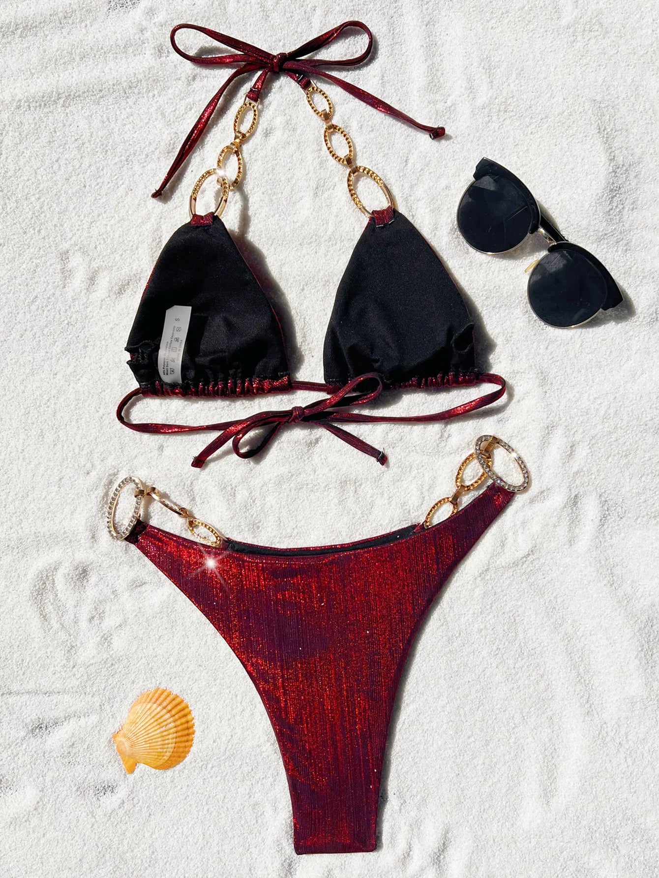 New Sexy Leopard Print Backless Swimsuit Halter Lace-up Swimwear Micro Bikini Set Chain Linked Beachwear Female Bathing Suits