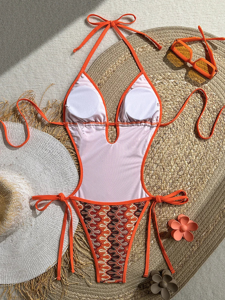 Printed Halter V Neck One Piece Swimsuit Women Swimwear Female Backless Monokini High Leg Cut Bather Bathing Suit Swim Bodysuit