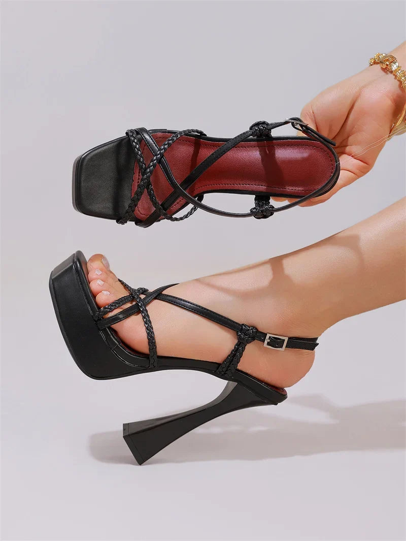 2027 New Arrival Weave Narrow Band Back Buckle Strap Women Platform Sandals Strange High Heels  Party Dress Shoes Size 42