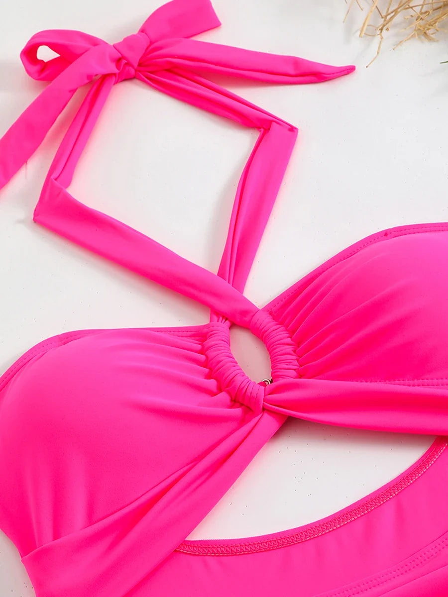 2026 Sexy Padded Swimsuit Women One Piece Halter Hollow Swimwear Female Solid Bathers Bathing Swimming Swim Suit Beachwear