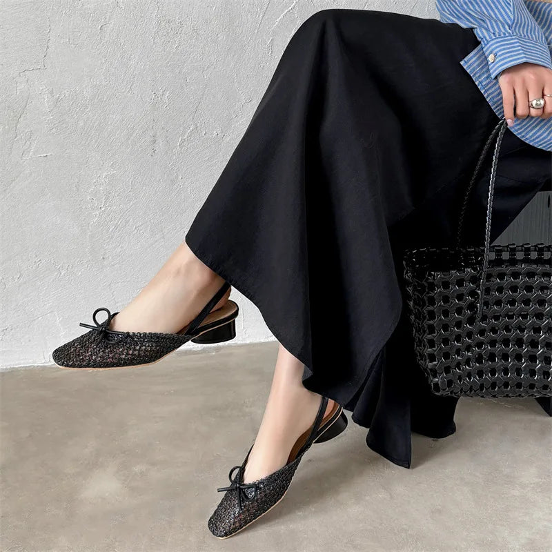 Woven Bow Back Strap Design Sandals Women's Summer New Square Head Shallow Mouth Single Shoe Comfortable Elegant Cool Pumps