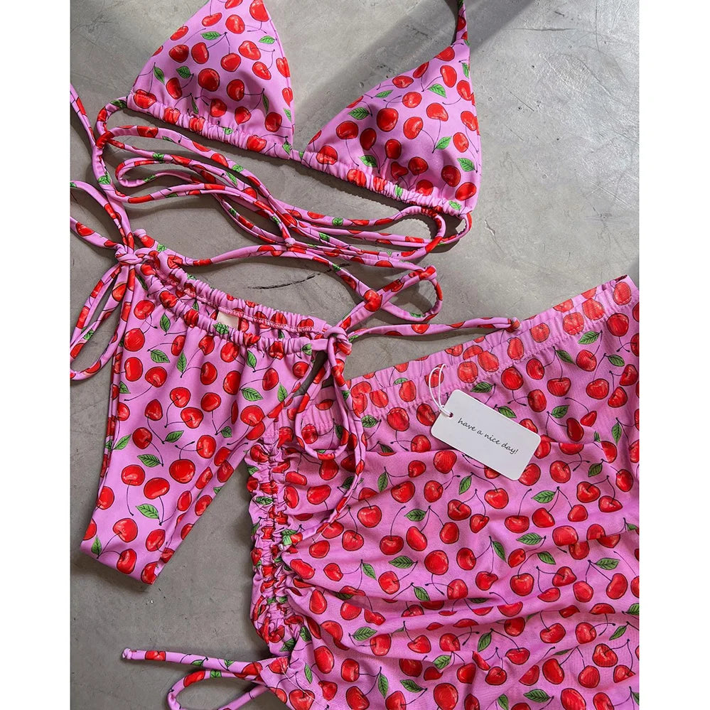 3 Pieces Bikini Set Wiht Mini Skirt Women Swimwear 2024 Sexy Bikinis Bandeau Push Up Beachwear Bodysuit Thong Biquini Female