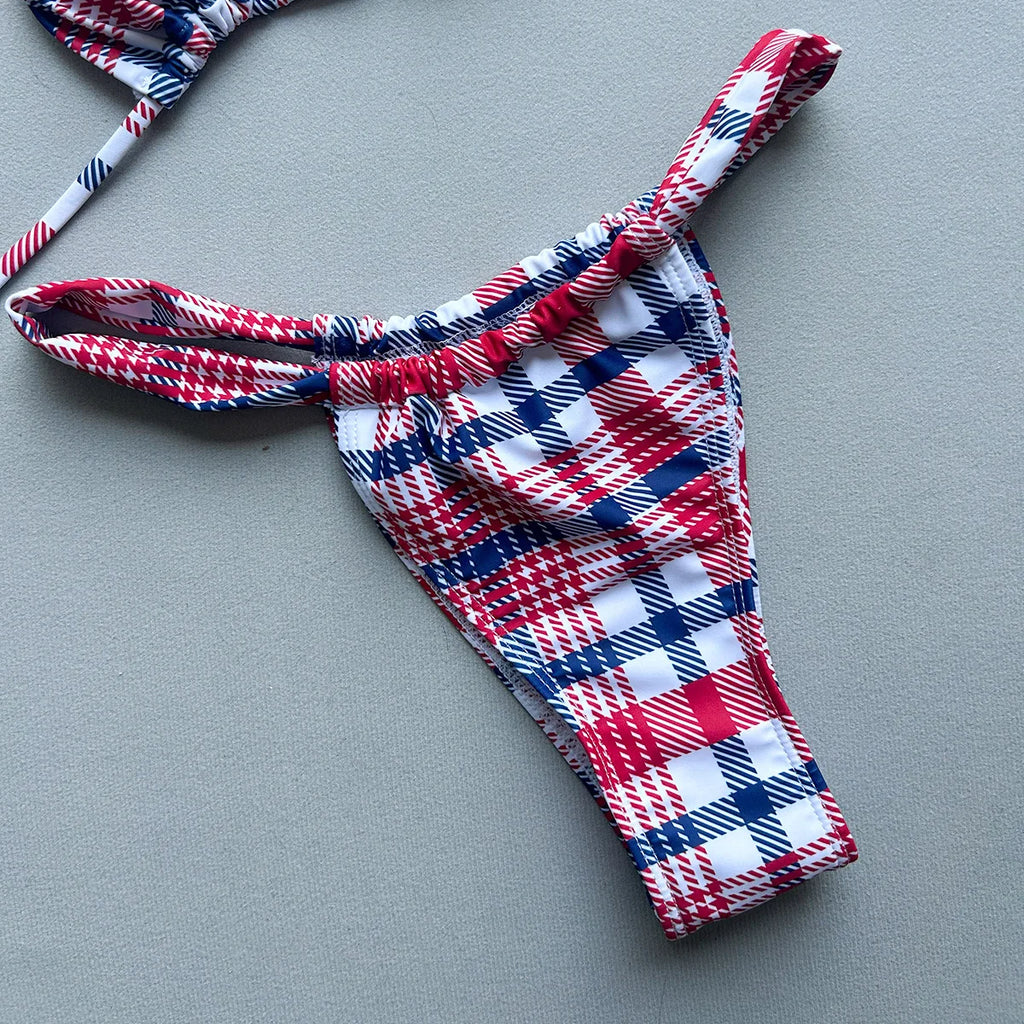 2026 New Summer Women's Plaid Print Swimsuit Strappy Bathing Suit Sexy Lace-up Backless Swimwear Push Up Thong Biquini Beachwear