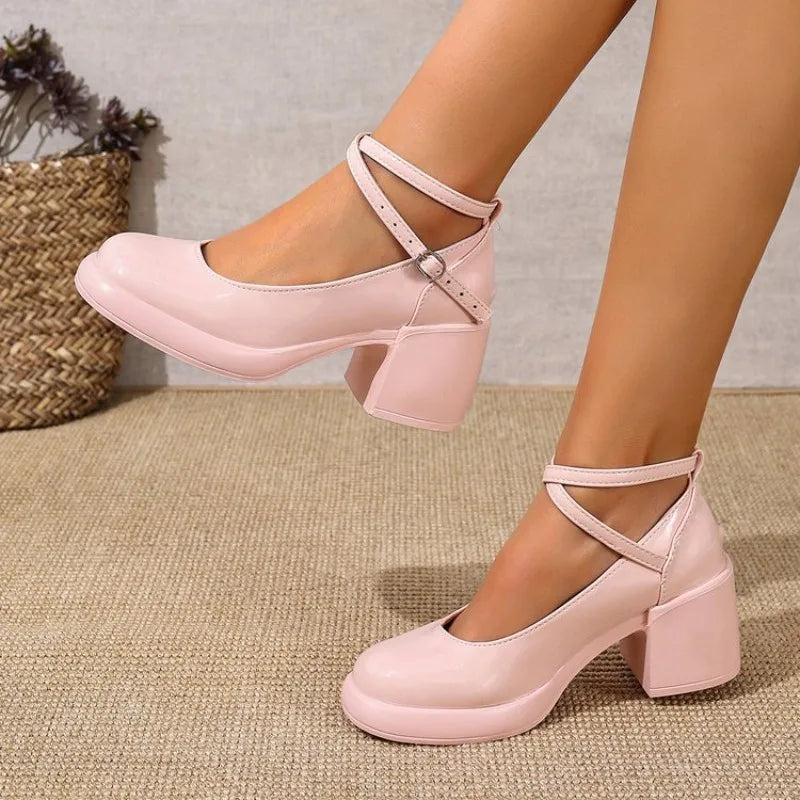 Fashion Ankle Strap Mary Janes Women 2026 PU Heel Pumps Woman  Party High Heels Shoes Female