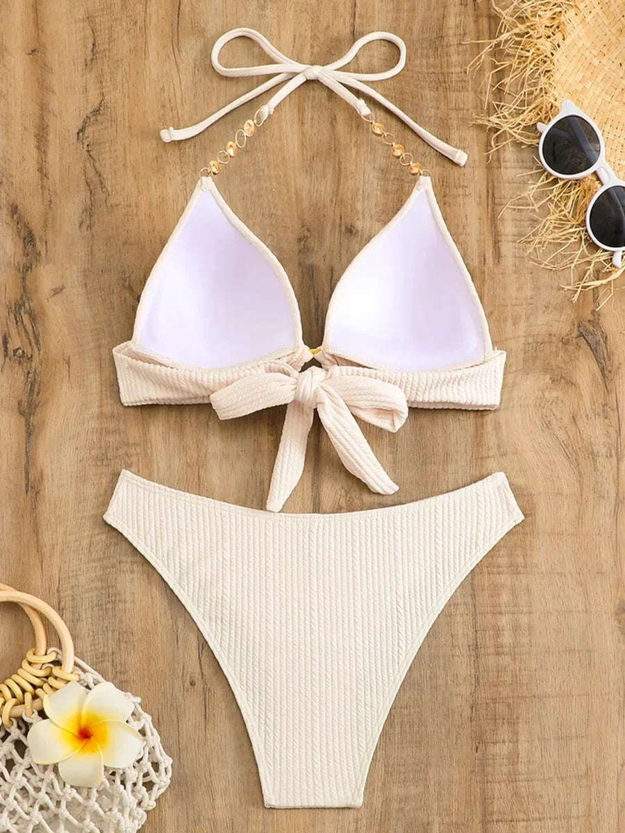 Push Up Ribbed Halter Bra Cup Bikini Female Swimsuit Women Swimwear Three-pieces Bikini Set Diamond Link Bathing Suit Swim Lady