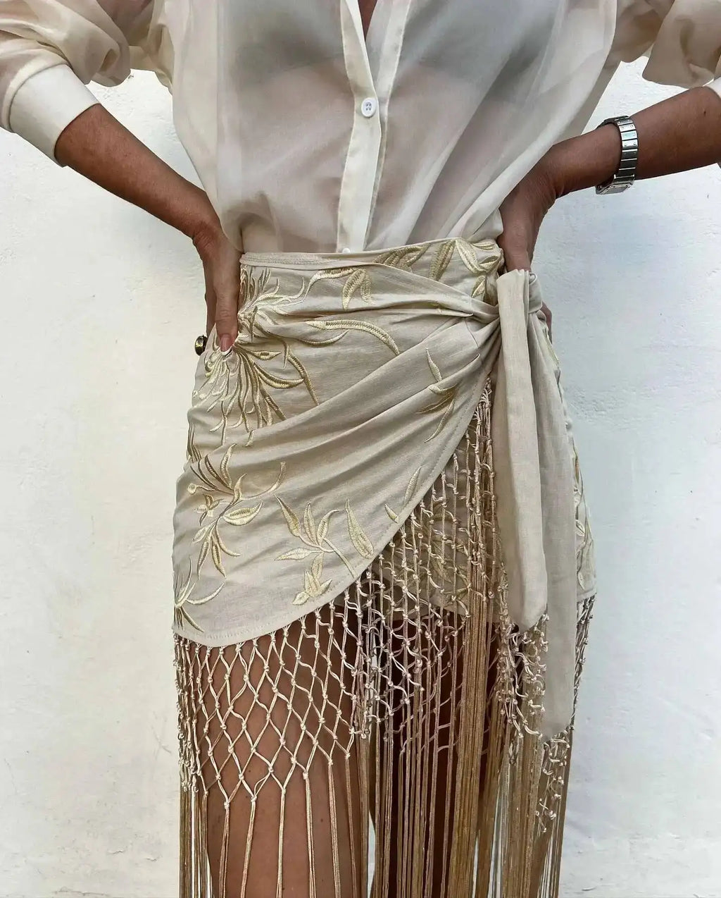 Embroidered Tassel Hem Skirt Elegant Women's Lace Up Mesh Hollow Out Short Skilt 2026 Summer New Chic Female Beach Holiday NT8W