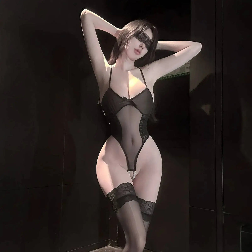 Backless Deep V Suspenders Sleevelesss Transparent Bodysuits Pure Desire Nightclub Bodysuits Mesh Bowknot For Woman Playful 440W